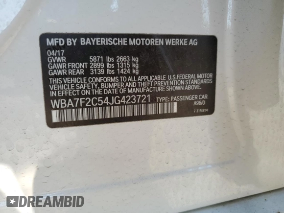 2018 BMW 7 Series ALPINA B7 xDrive with VIN WBA7F2C54JG423721, listed as a Copart auction lot 66326174 with 0 mi miles and Salvage Title. Bid and sale history available at carsss.com. Image 13.