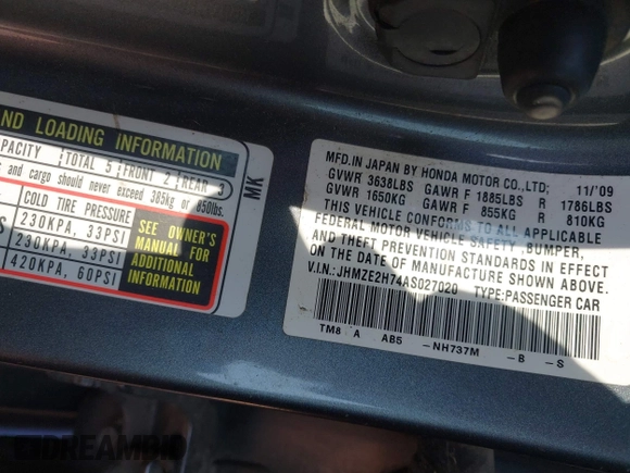 2010 Honda Insight EX with VIN JHMZE2H74AS027020, listed as a IAAI auction lot 42394875 with 248,003 mi miles and . Bid and sale history available at DreamBid. Image 9.