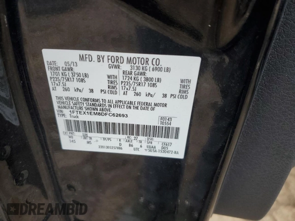 2013 Ford F-150 XL с VIN 1FTEX1EM8DFC62693, выставлен на аукционе Copart как лот 47941695 с пробегом 222 196 миль миль и На запчасти • Non repairable. История ставок и продаж доступна на DreamBid. Изображение 12.