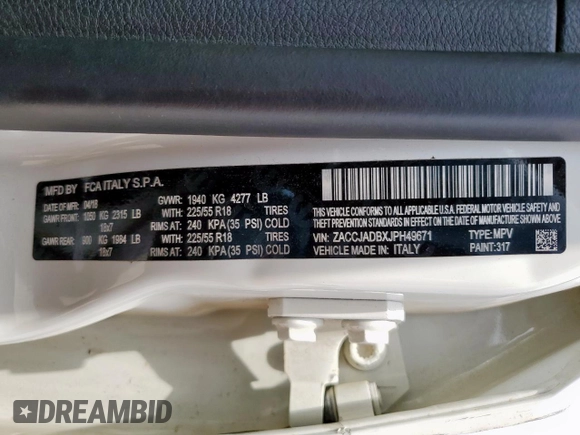 2018 Jeep Renegade Limited with VIN ZACCJADBXJPH49671, listed as a Copart auction lot 57353395 with 49,582 mi miles and Clean title. Bid and sale history available at DreamBid. Image 13.