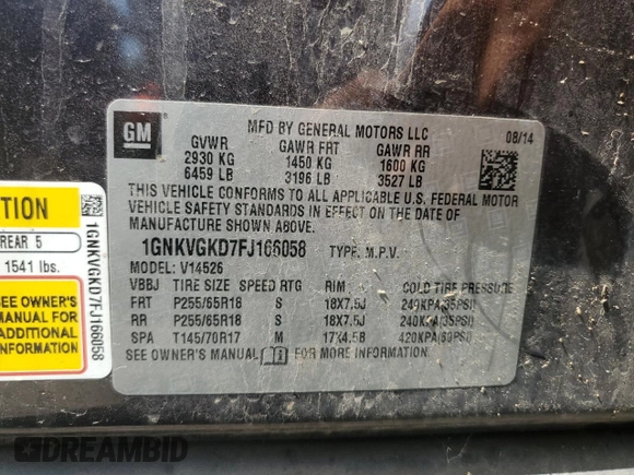 2015 Chevrolet Traverse LT with VIN 1GNKVGKD7FJ166058, listed as a Copart auction lot 65834705 with Not provided miles and Clean title. Bid and sale history available at DreamBid. Image 12.