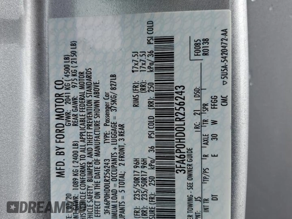 2020 Ford Fusion SE z VIN 3FA6P0HD0LR256243, wystawiony jako Copart lot #56513215 z przebiegiem 59 996 mil mil oraz Szkoda całkowita • Salvage title. Historia ofert i sprzedaży dostępna na DreamBid. Obrazek 12.