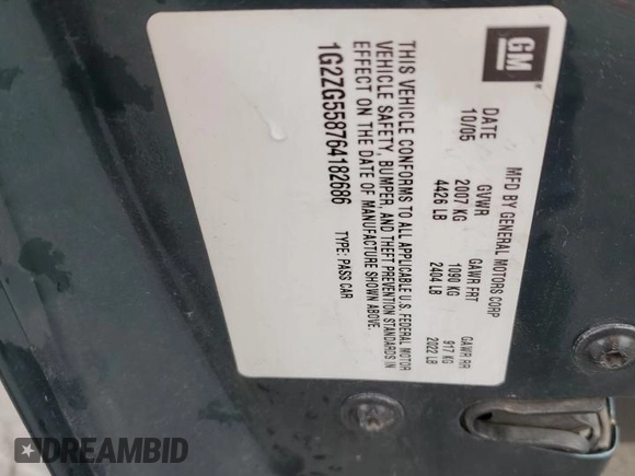 2006 Pontiac G6 6-Cyl z VIN 1G2ZG558764182686, wystawiony jako Copart lot #58741725 z przebiegiem 149 683 mil mil oraz Szkoda całkowita • Salvage title. Historia ofert i sprzedaży dostępna na DreamBid. Obrazek 12.