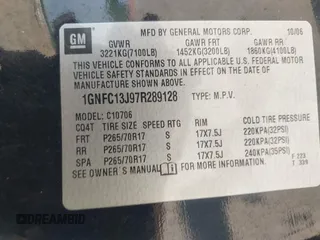 2007 Chevrolet Tahoe LS with VIN 1GNFC13J97R289128, listed as a IAAI auction lot 42071545 with 207,971 mi miles and . Bid and sale history available at DreamBid. Image 9.