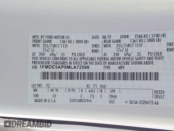 2021 Ford Bronco z VIN 1FMDE5AP9MLA72598, wystawiony jako IAAI lot #42153810 z przebiegiem 45 694 mil mil oraz . Historia ofert i sprzedaży dostępna na DreamBid. Obrazek 9.
