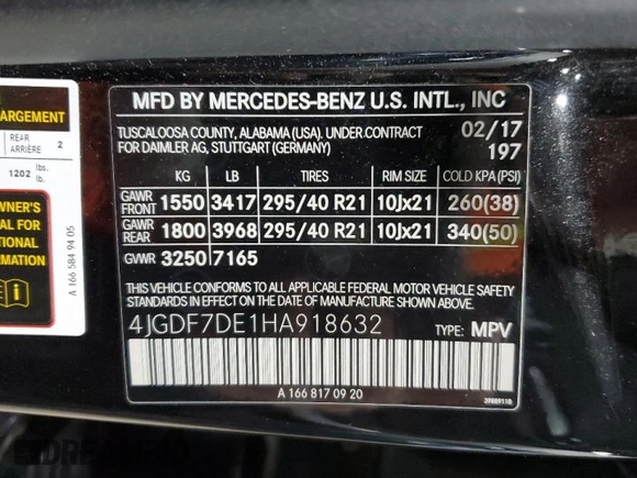 2017 Mercedes-Benz GLS 550 with VIN 4JGDF7DE1HA918632, listed as a Copart auction lot 49930205 with 122,610 mi miles and Salvage title. Bid and sale history available at DreamBid. Image 13.