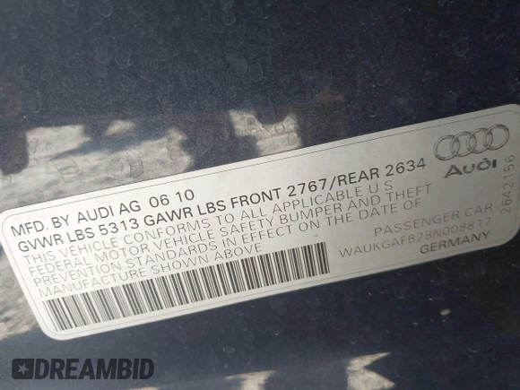 2011 Audi A6 Prestige with VIN WAUKGAFB2BN008817, listed as a IAAI auction lot 42541483 with 111,803 mi miles and . Bid and sale history available at DreamBid. Image 9.