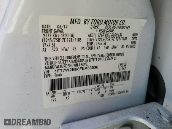 2015 Ford F-250 Lariat with VIN 1FT7W2B68FEA83036, listed as a Copart auction lot 55028095 with 92,926 mi miles and Salvage title. Bid and sale history available at DreamBid. Image 12.