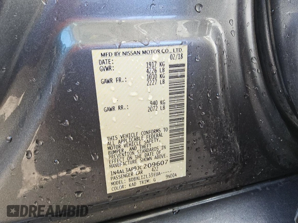 2018 Nissan Altima SV with VIN 1N4AL3AP9JC209607, listed as a Copart auction lot 52555325 with 187,238 mi miles and Clean Title. Bid and sale history available at DreamBid. Image 11.