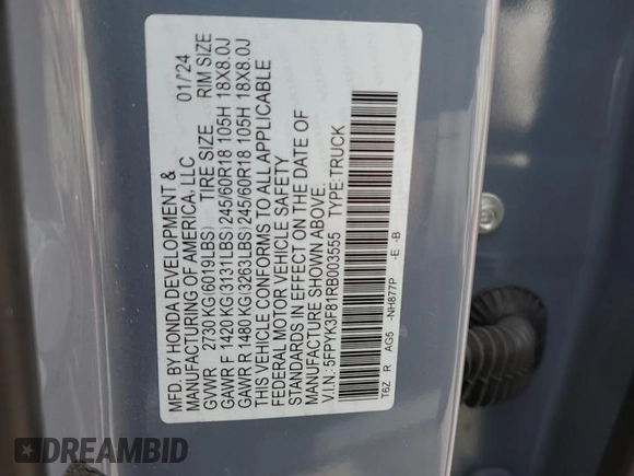 2024 Honda Ridgeline Black Edition with VIN 5FPYK3F81RB003555, listed as a Copart auction lot 84545314 with 10,166 mi miles and Salvage title. Bid and sale history available at DreamBid. Image 12.