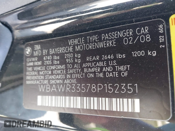 2008 BMW 3 Series 328i with VIN WBAWR33578P152351, listed as a IAAI auction lot 41791540 with 93,528 mi miles and . Bid and sale history available at carsss.com. Image 9.