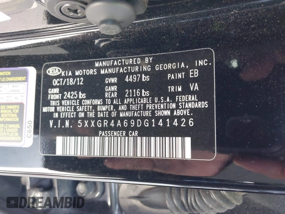 2013 Kia Optima SX z VIN 5XXGR4A69DG141426, wystawiony jako IAAI lot #41946366 z przebiegiem 75 937 mil mil oraz . Historia ofert i sprzedaży dostępna na DreamBid. Obrazek 9.