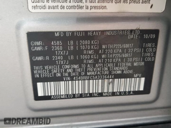 2010 Subaru Outback Premium All-Weather Anniversary z VIN 4S4BRBFC5A3336444, wystawiony jako Copart lot #55017885 z przebiegiem 209 478 mil mil oraz Szkoda całkowita • Salvage title. Historia ofert i sprzedaży dostępna na DreamBid. Obrazek 13.