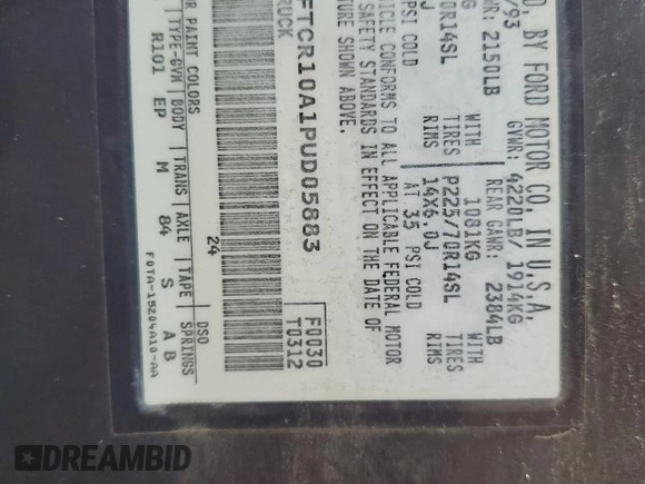 1993 Ford Ranger Splash with VIN 1FTCR10A1PUD05883, listed as a Copart auction lot 80445544 with 6,156 mi miles and Salvage title. Bid and sale history available at DreamBid. Image 12.