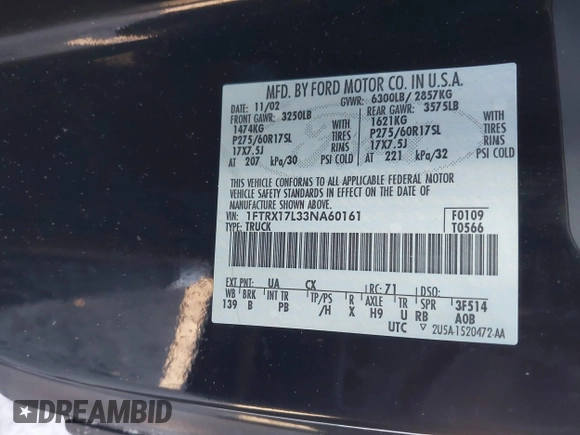 2003 Ford F-150 XL with VIN 1FTRX17L33NA60161, listed as a IAAI auction lot 41549294 with 1 mi miles. Bid and sale history available at carsss.com. Image 9.