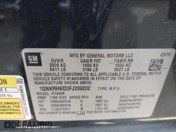2015 Chevrolet Traverse LT z VIN 1GNKRHKD3FJ299202, wystawiony jako IAAI lot #42510371 z przebiegiem Nie podano mil oraz . Historia ofert i sprzedaży dostępna na DreamBid. Obrazek 9.