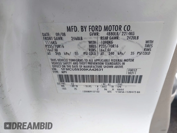 2009 Ford Escape Hybrid with VIN 1FMCU59309KA42631, listed as a IAAI auction lot 41809054 with 140,696 mi miles and . Bid and sale history available at DreamBid. Image 9.