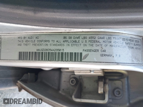 1998 Audi A4 with VIN WAUGD28D5WA235015, listed as a IAAI auction lot 41744703 with 233,432 mi miles. Bid and sale history available at carsss.com. Image 9.