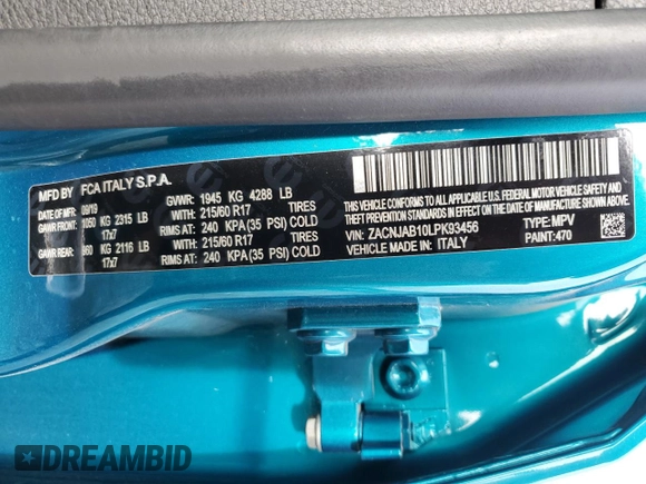 2020 Jeep Renegade Altitude z VIN ZACNJAB10LPK93456, wystawiony jako Copart lot #85796514 z przebiegiem Nie podano mil oraz Szkoda całkowita • Salvage title. Historia ofert i sprzedaży dostępna na DreamBid. Obrazek 13.