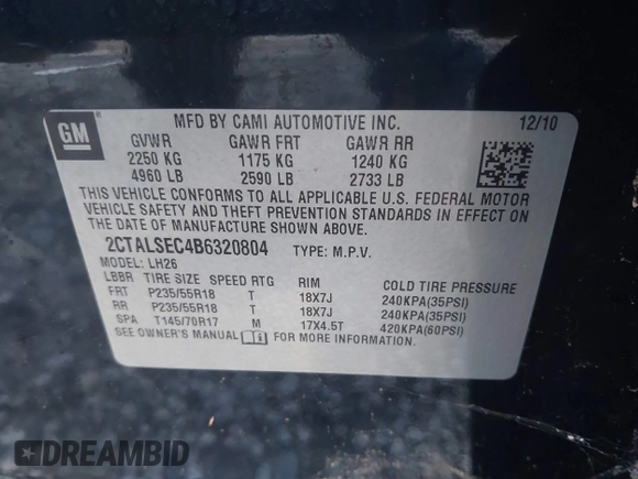 2011 GMC Terrain SLE-2 with VIN 2CTALSEC4B6320804, listed as a IAAI auction lot 41669675 with 177,999 mi miles and . Bid and sale history available at carsss.com. Image 9.