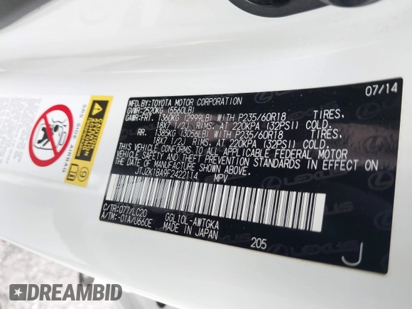 2015 Lexus RX 350 с VIN JTJZK1BA9F2422114, выставлен на аукционе IAAI как лот 42032861 с пробегом Не указан миль и . История ставок и продаж доступна на DreamBid. Изображение 9.