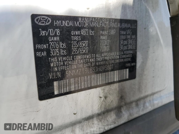 2018 Hyundai Santa Fe 2.4L with VIN 5NMZT3LB3JH095801, listed as a Copart auction lot 56068565 with 82,616 mi miles and Salvage title. Bid and sale history available at DreamBid. Image 13.