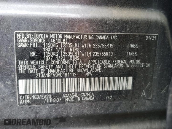 2021 Toyota RAV4 XLE Premium with VIN 2T3A1RFV9MC181112, listed as a Copart auction lot 46335305 with 69,661 mi miles and Salvage title. Bid and sale history available at DreamBid. Image 13.