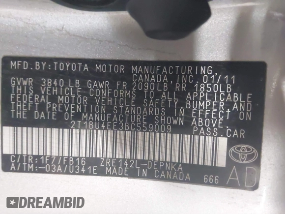 2011 Toyota Corolla L with VIN 2T1BU4EE3BC559009, listed as a IAAI auction lot 41835470 with 156,077 mi miles and . Bid and sale history available at DreamBid. Image 9.