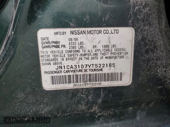 2000 Nissan Maxima GXE z VIN JN1CA31D7YT522165, wystawiony jako Copart lot #47566965 z przebiegiem 336 529 mil mil oraz Czysty tytuł • Clean title. Historia ofert i sprzedaży dostępna na DreamBid. Obrazek 15.