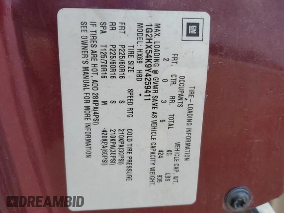 2000 Pontiac Bonneville SE z VIN 1G2HX54K9Y4259411, wystawiony jako Copart lot #50057635 z przebiegiem 190 762 mil mil oraz Szkoda całkowita • Salvage title. Historia ofert i sprzedaży dostępna na DreamBid. Obrazek 13.