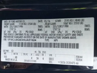 2017 Ford Escape SE with VIN 1FMCU9G93HUA51924, listed as a IAAI auction lot 41711537 with 163,297 mi miles and . Bid and sale history available at carsss.com. Image 9.