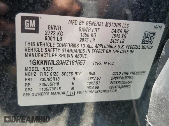 2017 GMC Acadia SLT with VIN 1GKKNMLS9HZ181657, listed as a Copart auction lot 59504455 with 93,260 mi miles and Salvage title. Bid and sale history available at DreamBid. Image 14.