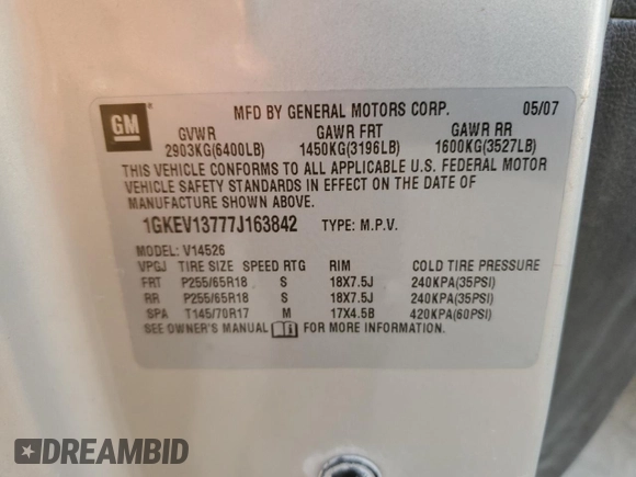 2007 GMC Acadia SLE with VIN 1GKEV13777J163842, listed as a Copart auction lot 81374004 with 202,539 mi miles and Salvage Title. Bid and sale history available at DreamBid. Image 15.