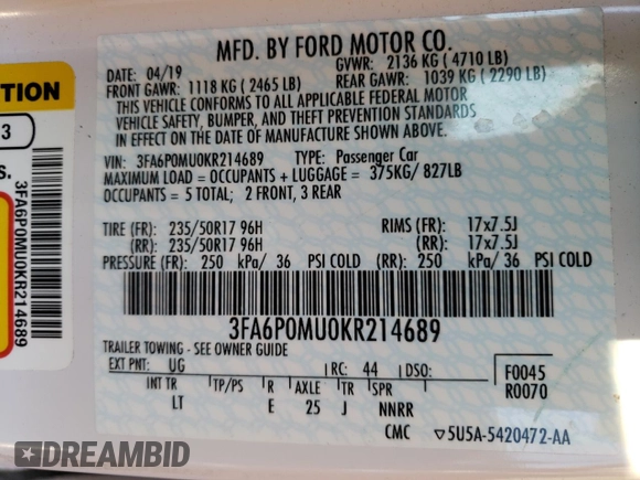 2019 Ford Fusion Hybrid SEL with VIN 3FA6P0MU0KR214689, listed as a Copart auction lot 39128013 with 51,443 mi miles. Bid and sale history available at carsss.com. Image 12.