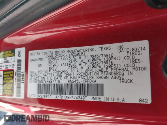 2014 Toyota Tacoma with VIN 5TFUX4EN7EX027719, listed as a IAAI auction lot 41922936 with 163,047 mi miles and . Bid and sale history available at DreamBid. Image 9.