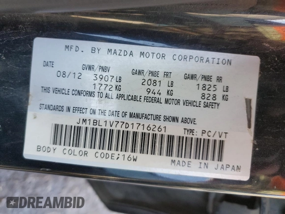 2013 Mazda 3 i Touring with VIN JM1BL1V77D1716261, listed as a Copart auction lot 88561055 with 274,116 mi miles and Clean Title. Bid and sale history available at DreamBid. Image 12.