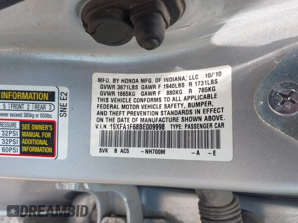 2011 Honda Civic LX-S z VIN 19XFA1F68BE009998, wystawiony jako IAAI lot #42364480 z przebiegiem Nie podano mil oraz . Historia ofert i sprzedaży dostępna na DreamBid. Obrazek 9.