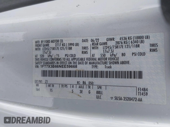 2022 Ford F-350 with VIN 1FT7X3B66NEE59668, listed as a IAAI auction lot 41508561 with 39,258 mi miles and . Bid and sale history available at DreamBid. Image 9.