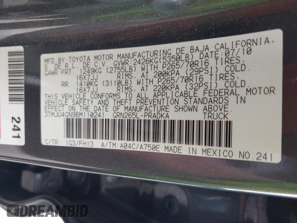 2011 Toyota Tacoma PreRunner with VIN 3TMJU4GN9BM110241, listed as a IAAI auction lot 41516056 with 181,951 mi miles and . Bid and sale history available at DreamBid. Image 9.