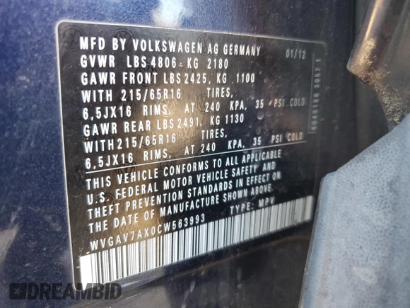 2012 Volkswagen Tiguan SEL with VIN WVGAV7AX0CW563993, listed as a Copart auction lot 48489285 with 129,021 mi miles and Salvage Title. Bid and sale history available at DreamBid. Image 13.
