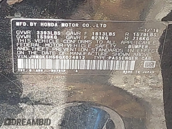 2016 Honda Fit LX with VIN JHMGK5H56GX024812, listed as a IAAI auction lot 42533539 with 110,304 mi miles and . Bid and sale history available at DreamBid. Image 9.