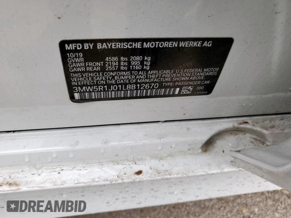 2020 BMW 3 Series 330i с VIN 3MW5R1J01L8B12670, выставлен на аукционе Copart как лот 50542235 с пробегом 38 530 миль миль и Списание • Salvage title. История ставок и продаж доступна на DreamBid. Изображение 12.