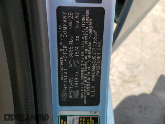 2009 Hyundai Accent Auto GLS z VIN KMHCN46C09U370955, wystawiony jako Copart lot #58003685 z przebiegiem 145 200 mil mil oraz Nie do naprawy • Non repairable. Historia ofert i sprzedaży dostępna na DreamBid. Obrazek 12.