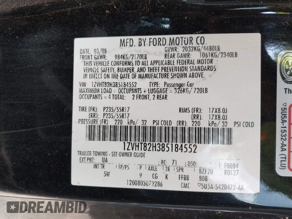 2008 Ford Mustang GT Deluxe with VIN 1ZVHT82H385184552, listed as a IAAI auction lot 42160325 with 212,582 mi miles and . Bid and sale history available at carsss.com. Image 8.