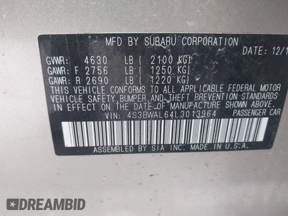 2020 Subaru Legacy Limited with VIN 4S3BWAL64L3013964, listed as a IAAI auction lot 42329545 with 36,334 mi miles and . Bid and sale history available at DreamBid. Image 9.