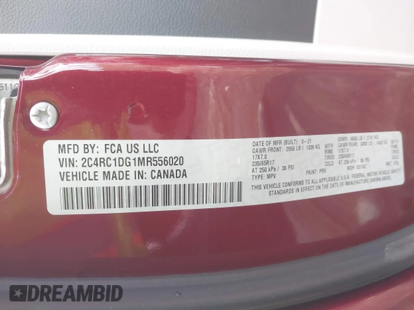 2021 Chrysler Voyager LXi with VIN 2C4RC1DG1MR556020, listed as a IAAI auction lot 41044760 with 6,286 mi miles and . Bid and sale history available at DreamBid. Image 9.