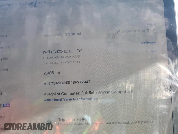 2025 Tesla Model Y Long Range with VIN 7SAYGDEE4SF272942, listed as a Copart auction lot 45817885 with 2,308 mi miles and Salvage Title. Bid and sale history available at DreamBid. Image 9.