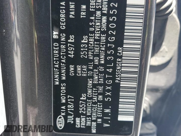 2018 Kia Optima S with VIN 5XXGT4L35JG205526, listed as a Copart auction lot 53288405 with 59,813 mi miles and Salvage Title. Bid and sale history available at carsss.com. Image 14.