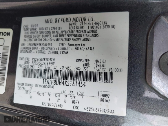 2019 Ford Mustang EcoBoost with VIN 1FATP8UH4K5161454, listed as a IAAI auction lot 42134519 with 94,256 mi miles and . Bid and sale history available at DreamBid. Image 9.