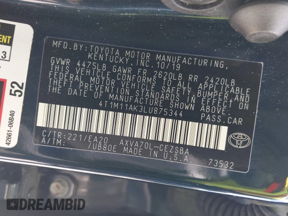 2020 Toyota Camry SE z VIN 4T1M11AK3LU875344, wystawiony jako IAAI lot #42340069 z przebiegiem 26 177 mil mil oraz . Historia ofert i sprzedaży dostępna na DreamBid. Obrazek 9.